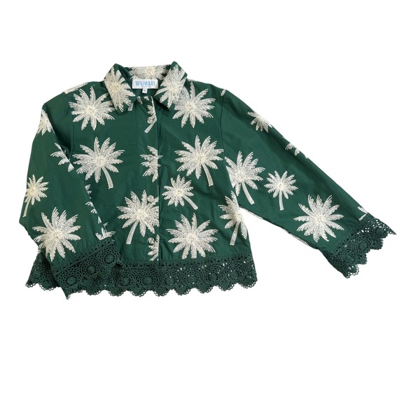 Waimari Jackets & Blazers - WAIMARI Tayrona Palm Tree Embroidered Cotton Lace Jacket Green Small Resort Chic